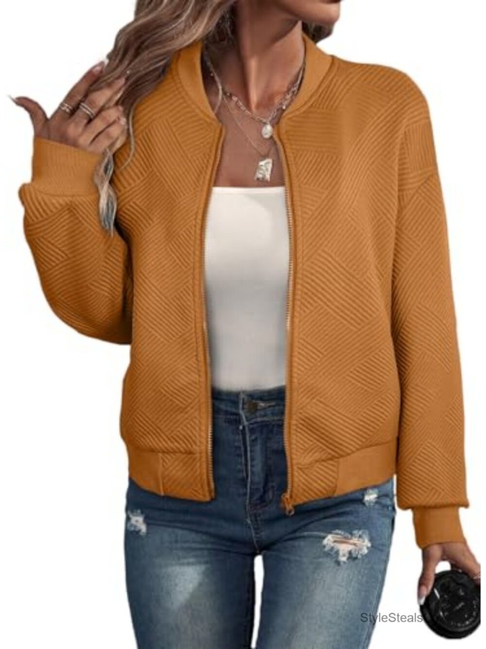 Women's Lightweight Bomber Jacket Casual Zip Up Coat with Slant Pockets